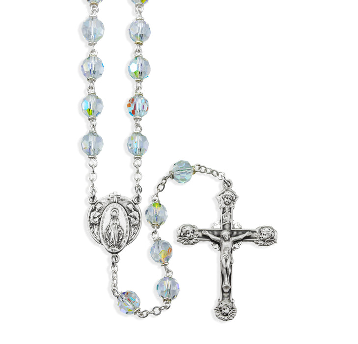 Sterling Silver Czech Rosary 7mm Tin Cut Crystal with Angel Miraculous Medal Center and Angel tipped Crucifix - SR607CR59113