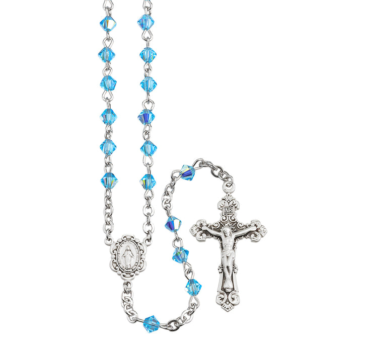 Rosary Sterling Crucifix and Centerpiece Created with finest Austrian Crystal 4mm Faceted Tin Cut Bicone Beads in Aqua by HMH - SR6504AQ