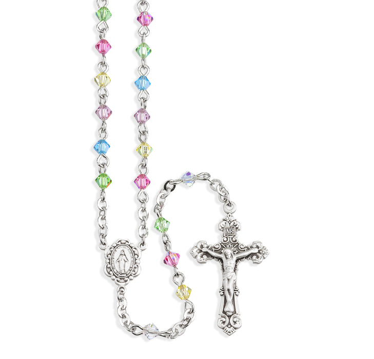 Rosary Sterling Crucifix and Centerpiece Created with finest Austrian Crystal 4mm Faceted Tin Cut Bicone Beads in Multi-Color by HMH - SR6504ML