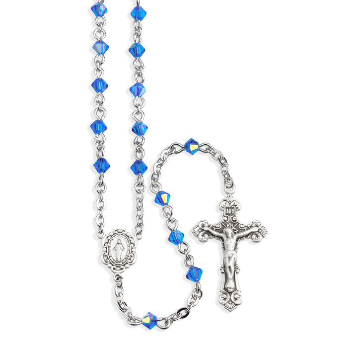 Rosary Sterling Crucifix and Centerpiece Created with finest Austrian Crystal 4mm Faceted Tin Cut Bicone Beads in Sapphire by HMH - SR6504SP