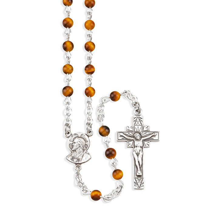 Genuine Tiger Eye Rosary Sterling Crucifix and Centerpiece - SR7400TG