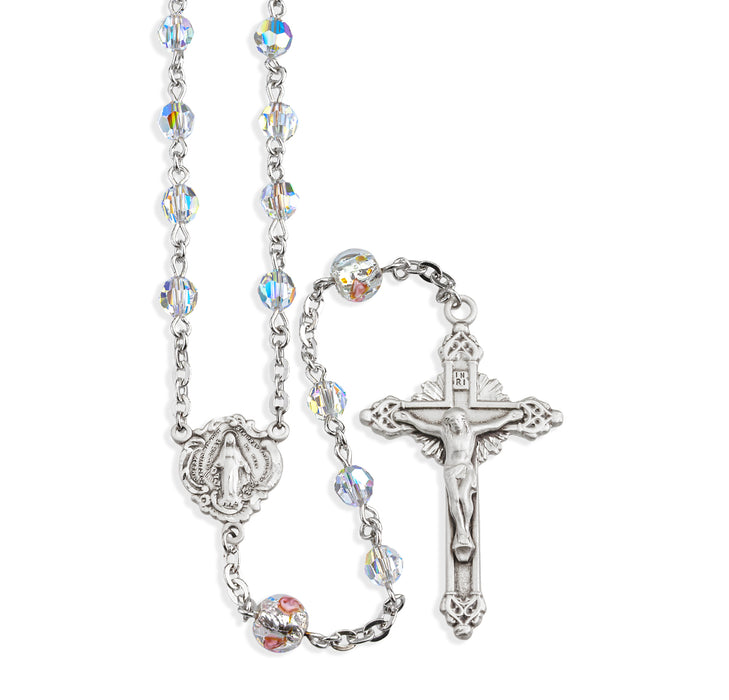 Rosary Sterling Crucifix and Centerpiece Created with finest Austrian Crystal 5mm Aurora Borealis Beads by HMH - SR7650CR