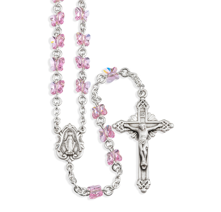 Rosary Sterling Crucifix and Centerpiece Created with finest Austrian Crystal 6mm Butterfly Beads in Light Rose by HMH - SR8301LR