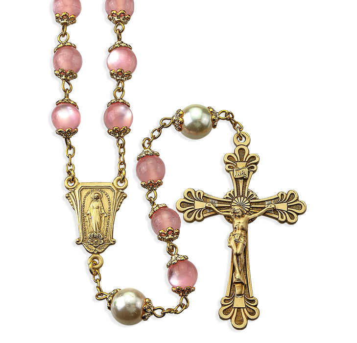 8mm Light Rose Cats Eye Glass Double Capped Beads with Solid Brass Crucifix and Center - VRB609LR