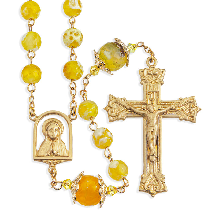 8mm Yellow and White Onyx Gemstone Bead Rosary with Double Capped O.F. Beads a Solid Brass Crucifix and Center - VRB611