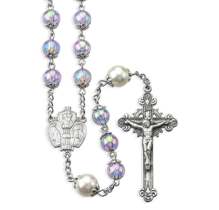 8mm Light Amethyst Glass Shimmer Beads with 10mm O.F. Beads. Pewter Crucifix and Center - VRP604LA