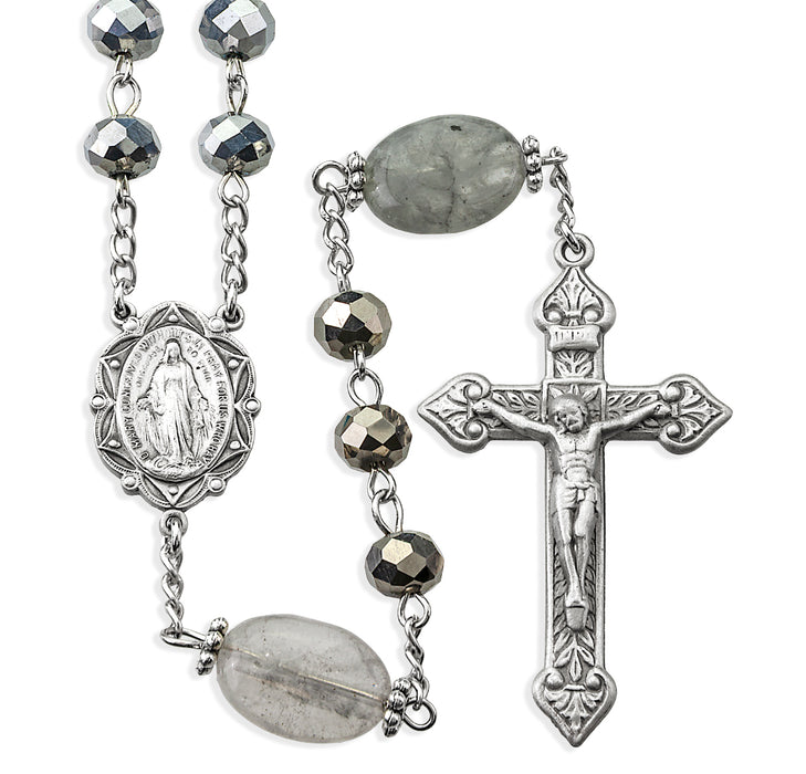 8mm Silver Vitriol Glass Beads with 20x12mm Oblong Smoke Glass O.F. Beads, Pewter Crucifix and Center - VRP606SV