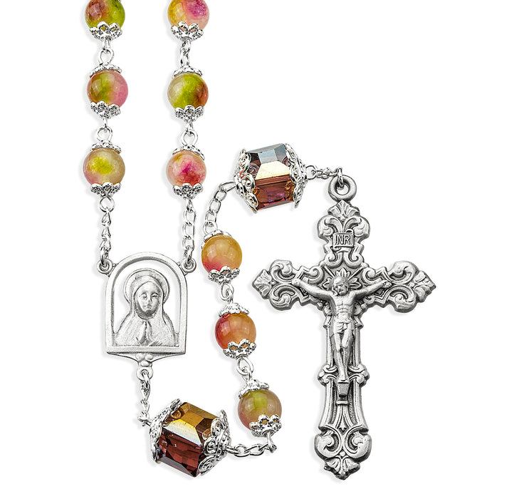 8mm Multi Color Double Capped Rose Glass Bead Rosary with 10mm O.F. Cubes. Pewter Crucifix and Center - VRP609RG