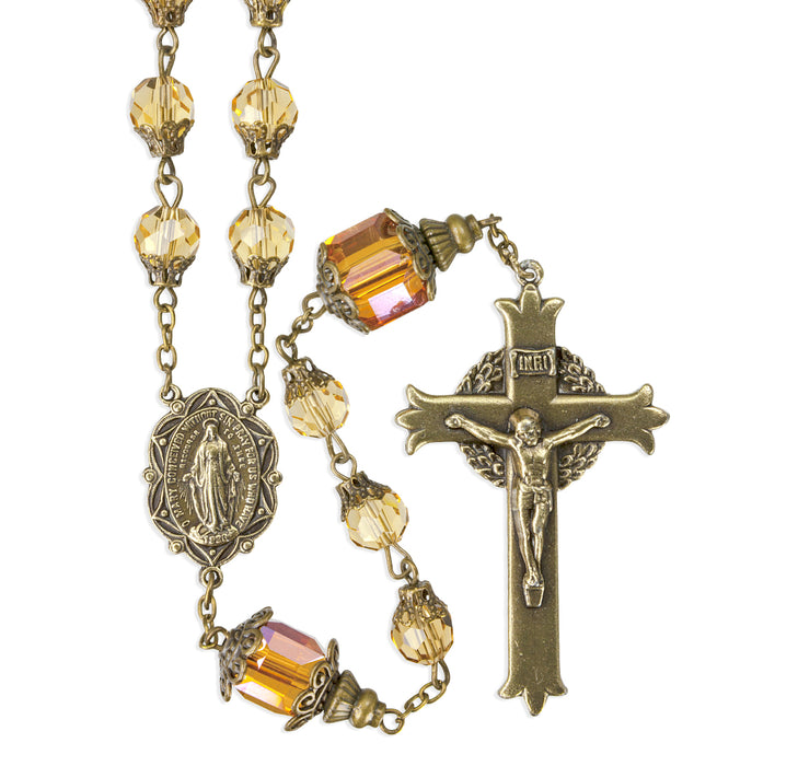 8mm Faceted Light Topaz Glass Bead Rosary with antique Brass Caps Crucifix and Centerpiece - VRP610JO