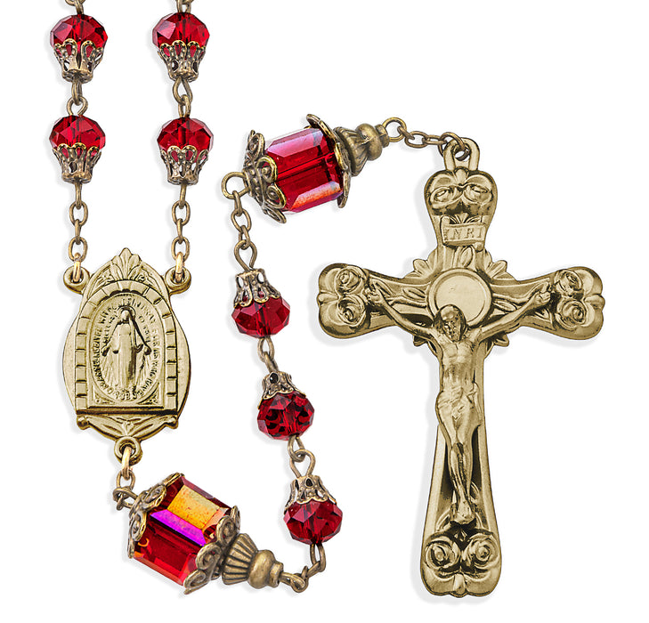 8mm Ruby Glass Faceted Capped Beads with 10mm O.F. Cube Beads with Antique Brass Crucifix and Center - VRP610RB