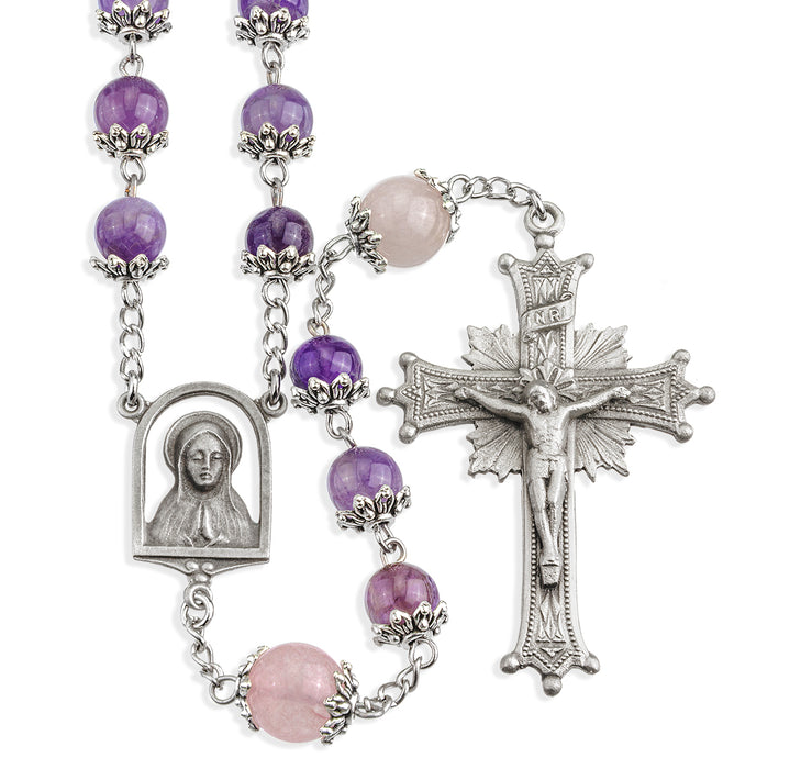 8mm Light Amethyst Gemstone Bead Rosary with Genuine Pewter Crucifix and Centerpiece - VRP611AM