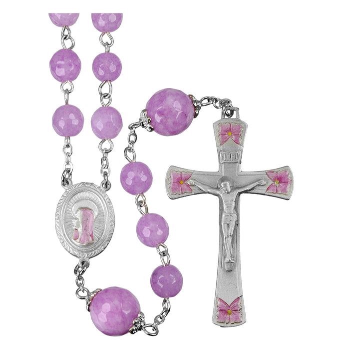 8mm Pink Jade Gemstone Bead Rosary made with Genuine Pewter Crucifix and Centerpiece - VRP611PK
