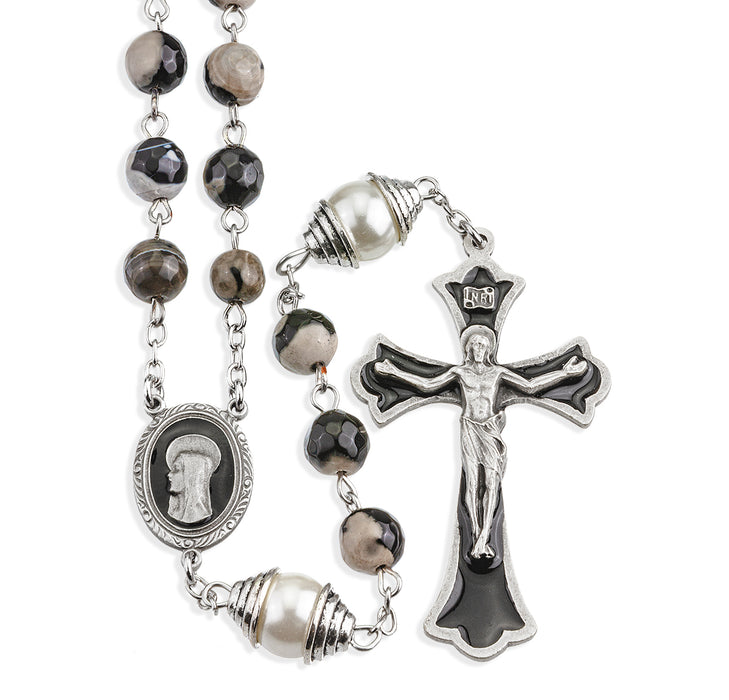 8mm Black and Grey Onyx Gemstone Rosary with Black Epoxy Genuine Pewter Crucifix and Center - VRP612BK