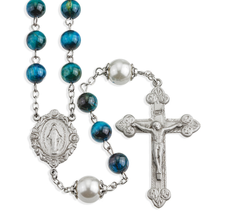 8mm Turquoise Dyed Tigereye Gemstone and Bead Rosary made with Genuine Pewter Crucifix and Centerpiece - VRP612BT