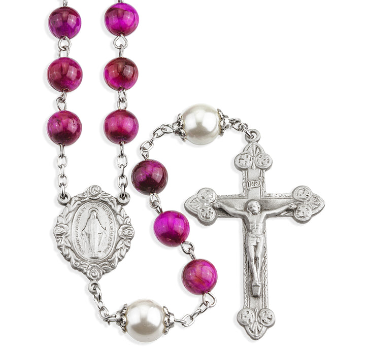 8mm Fuchsia Dyed Tiger Eye Gemstone Bead Rosary made with Genuine Pewter Crucifix and Centerpiece - VRP612FA