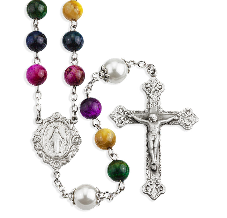 8mm Multi-Colored Dyed Tiger Eye Gemstone Bead Rosary made with Genuine Pewter Crucifix and Centerpiece - VRP612ML
