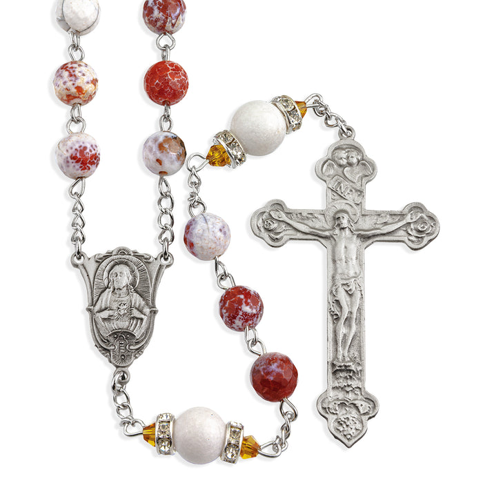 White and Rust Onyx Gemstone 8mm Bead Rosary with Genuine Pewter Crucifix and Centerpiece - VRP612WT