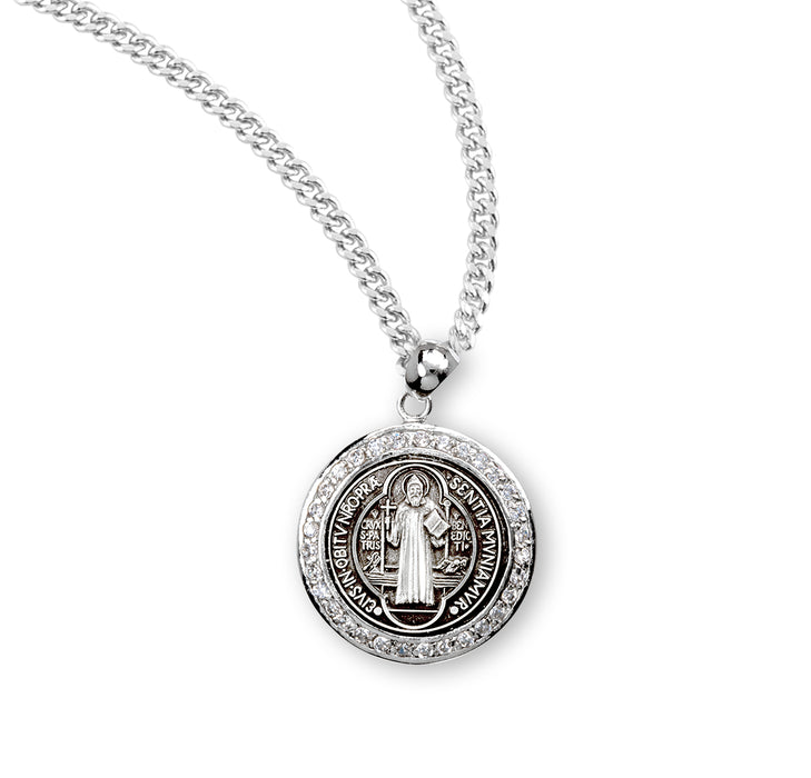 Saint Benedict Round Sterling Silver Medal with Cubic Zirconia's "CZ's" - Z1678CR18