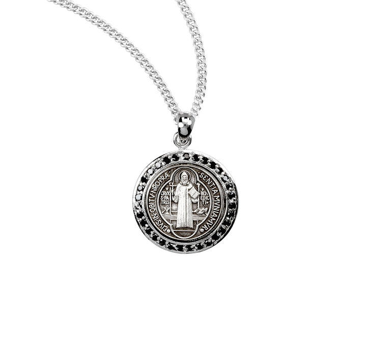 Saint Benedict Round Sterling Silver Medal with Black Cubic Zirconia's "CZ's" - Z1678JT18