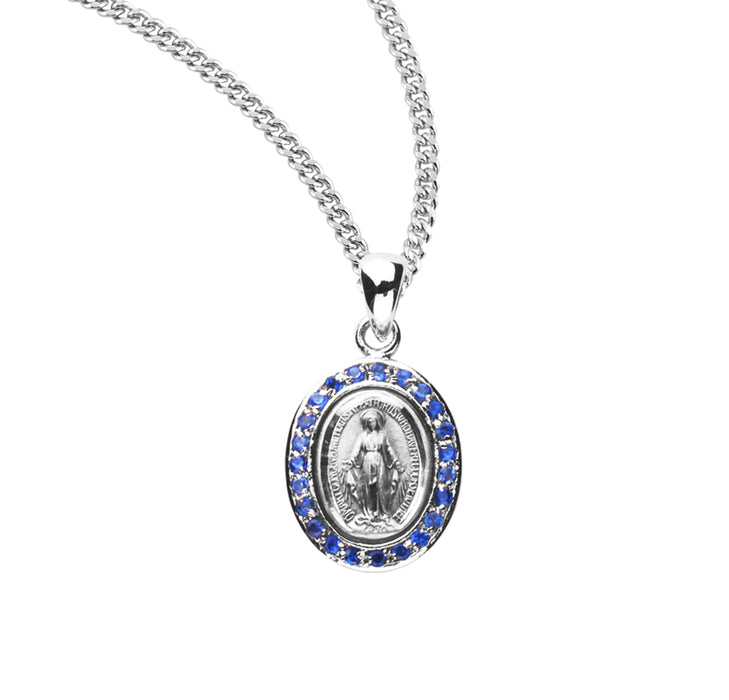 Sterling Silver Sapphire Cubic Zirconia "CZ" Miraculous Medal - Z3100SP18