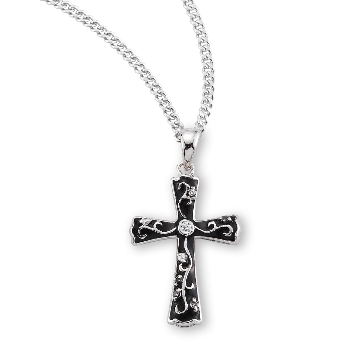 Black Enameled Sterling Silver Cross with Crystal Cubic Zirconia's 