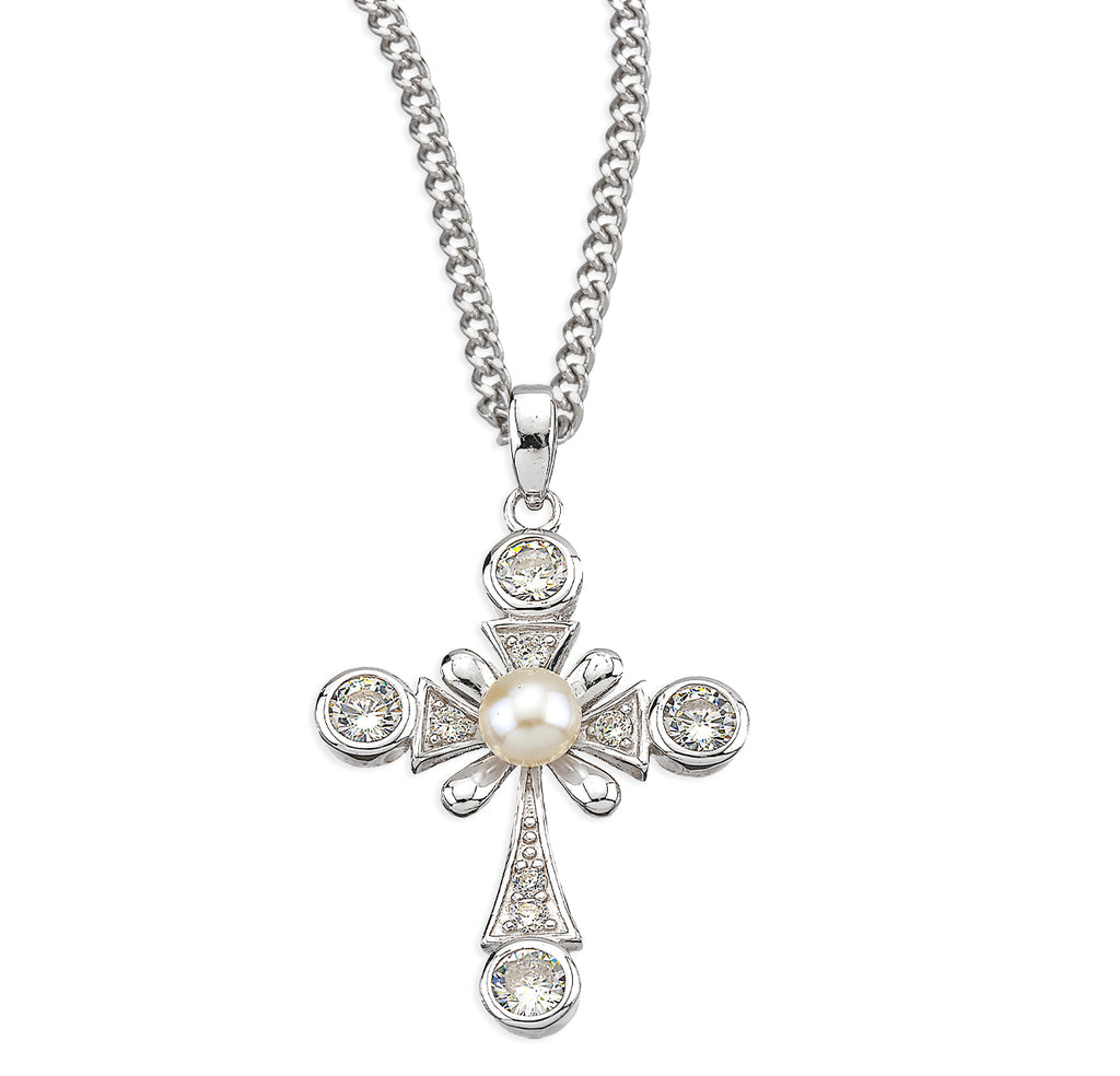 Sterling Silver Cross with Freshwater Pearl Ctr & CZ Accents 