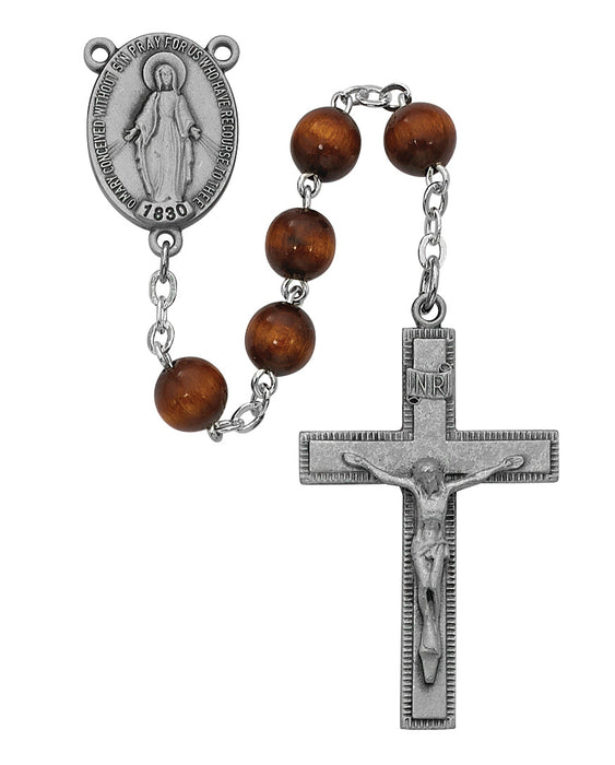 Brown Round Wood Rosary Boxed - R435F