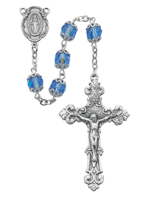 Blue Glass Capped Rosary Boxed - 701S-BLF