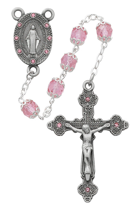 Pink Capped Glass Rosary Boxed - R606DF
