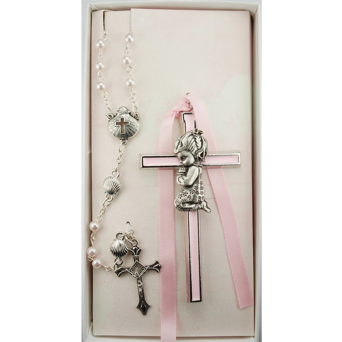 Pink Crib Cross and Pink Rosary Set Boxed - BS51