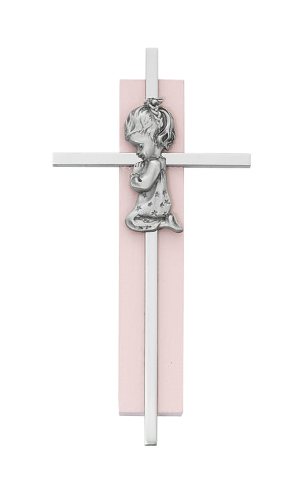 6in Pink Wood Praying Girl on Silver Cross Boxed  - 73-59