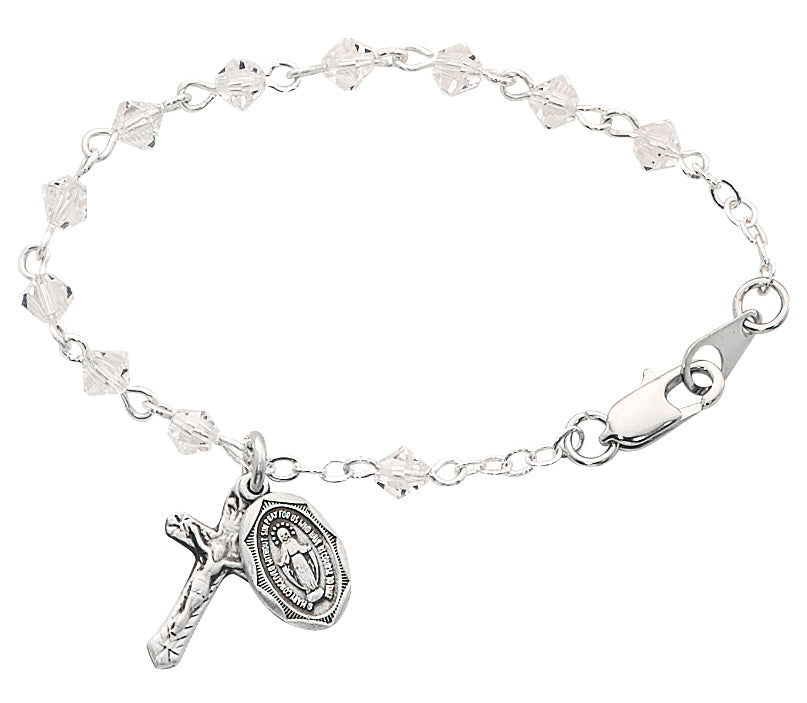 Cut Crystal Beads Baby Bracelet with Sterling Silver Crucifix and Miraculous Medal - BR126D