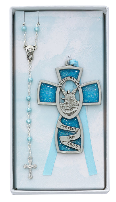 Blue Crib Cross and Pink Rosary Set Boxed - BS9