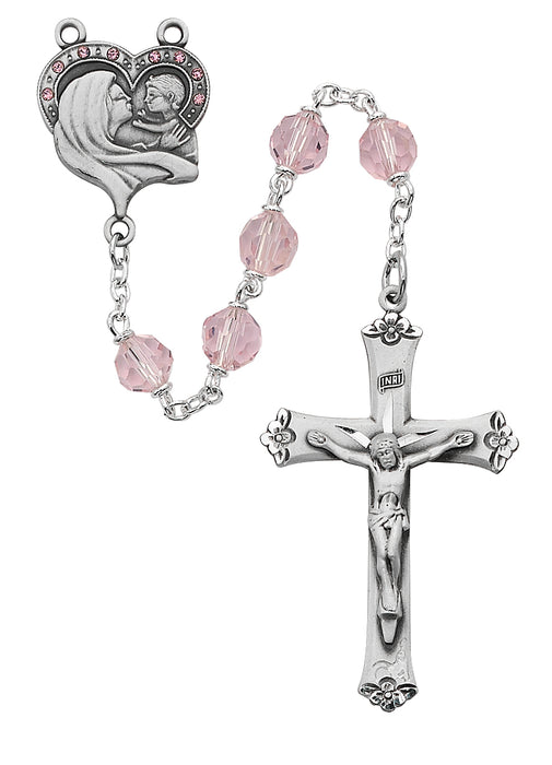 Mother and Child Pink Crystal Rosary Boxed - R399LF