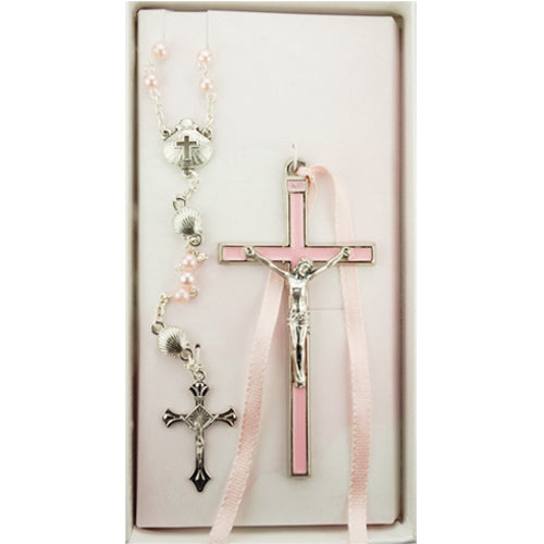 Pink Shell Rosary and Pink Crucifix Set Boxed - BS53