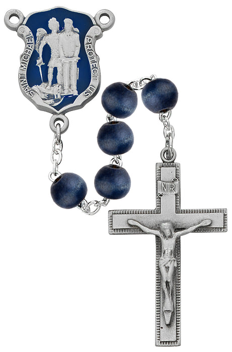 Blue Wood St Michael Badge Rosary Boxed - R640DF