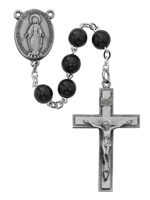 Black Round Wood Rosary Boxed - R434F