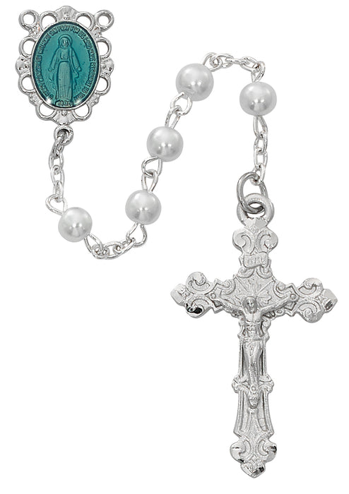 White with Blue Miraculous Rosary Boxed - R673RF