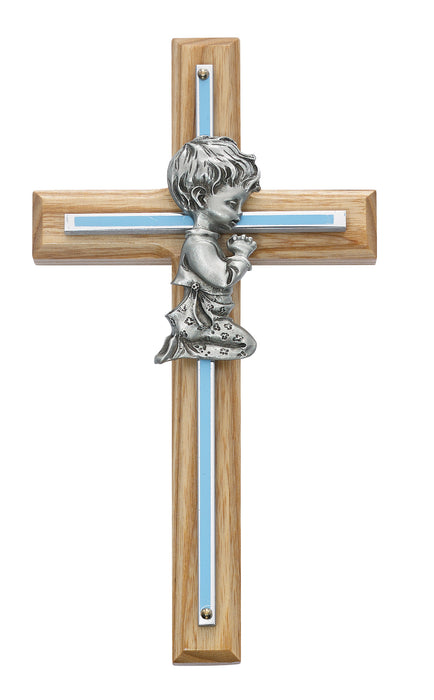 7in Oak with Blue Baby Boy Praying Cross Boxed - 73-06