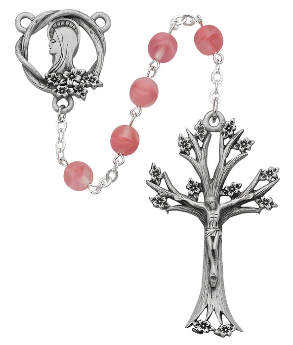 Pink Glass Dogwood Rosary Boxed - 995DF