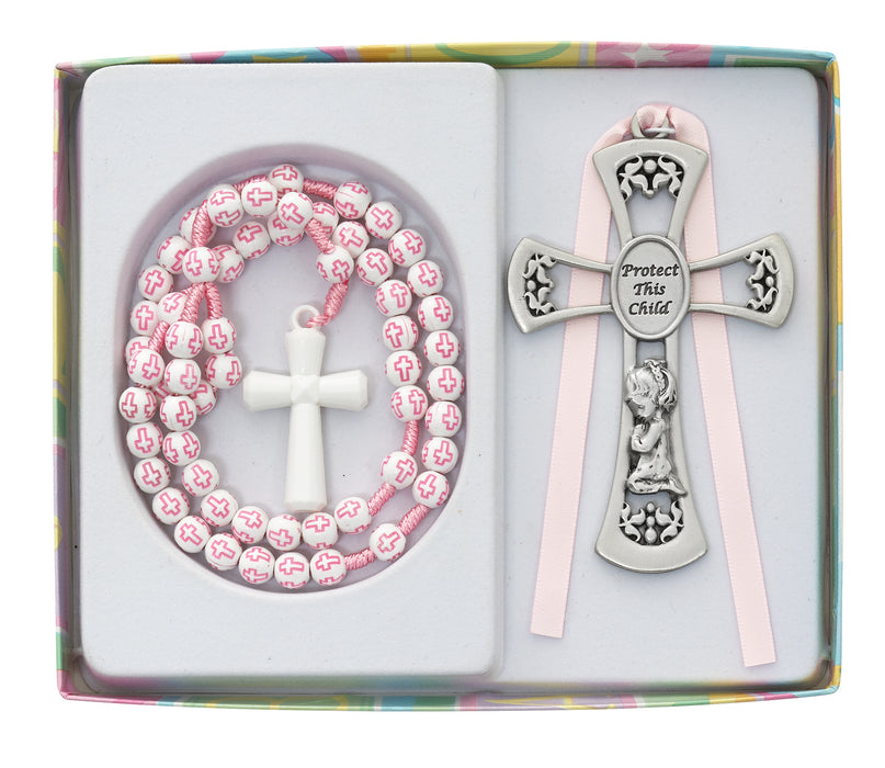 Girls Pink Cross Rosary with Crib medal Boxed - BS64