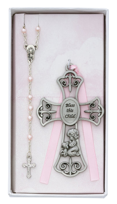 Baby Girl and Puppy Crib Cross and Rosary Boxed - BS59