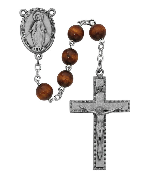 Brown Round Wood Rosary Boxed - R435LF