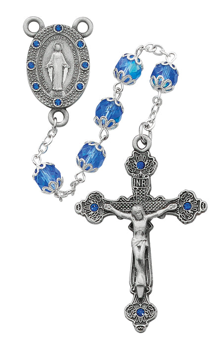 Blue Capped Glass Rosary Boxed - R607DF