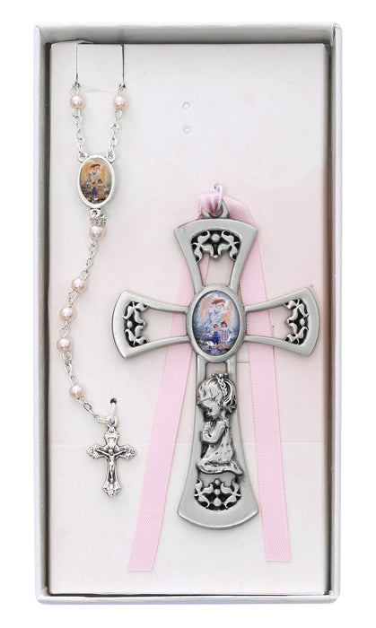 Crib Cross and Pink Rosary Set Boxed - BS36