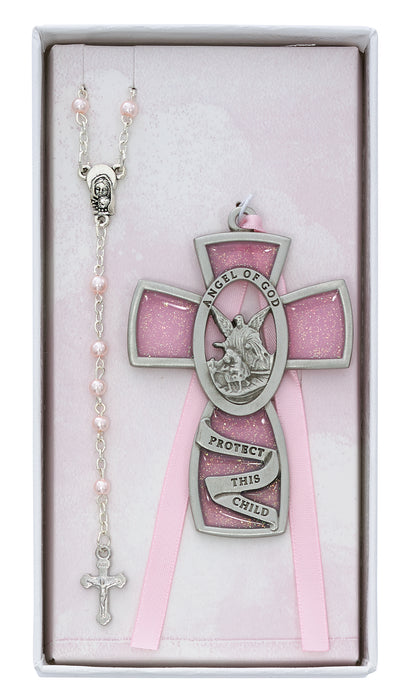 Pink Crib Cross and Pink Rosary Set Boxed - BS8