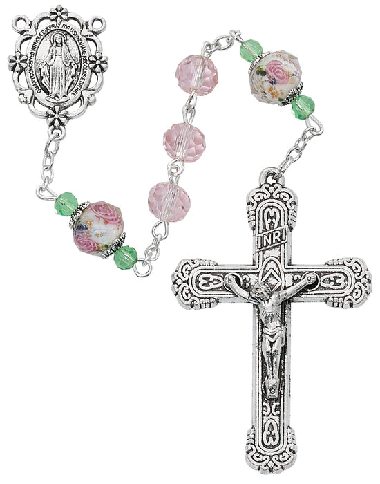 Pink & Flower Crystal Rosary Boxed - R873F
