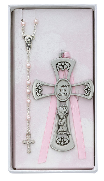 Baby Girl Crib Cross and Rosary Set Boxed - BS10