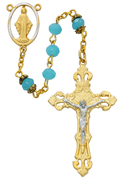Gold Aqua Glass Rosary Boxed - R710HF
