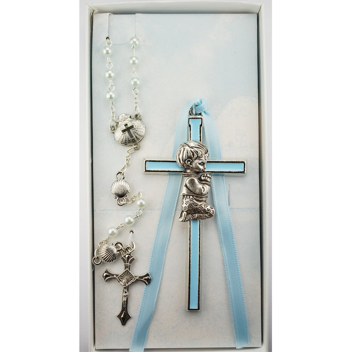 Blue Crib Cross and Blue Rosary Set Boxed - BS52